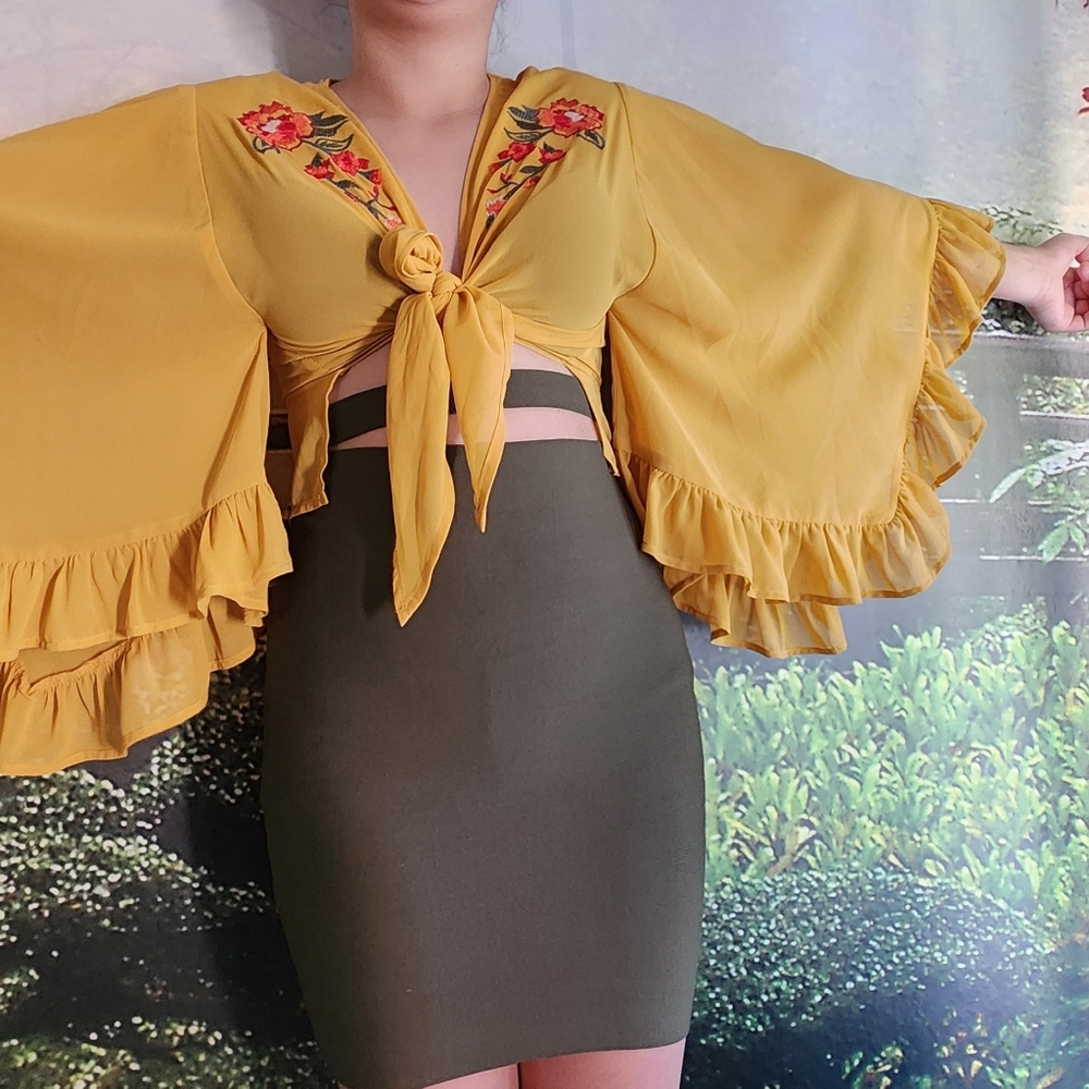 Mustard Floral Embroidered Tie-Front Blouse